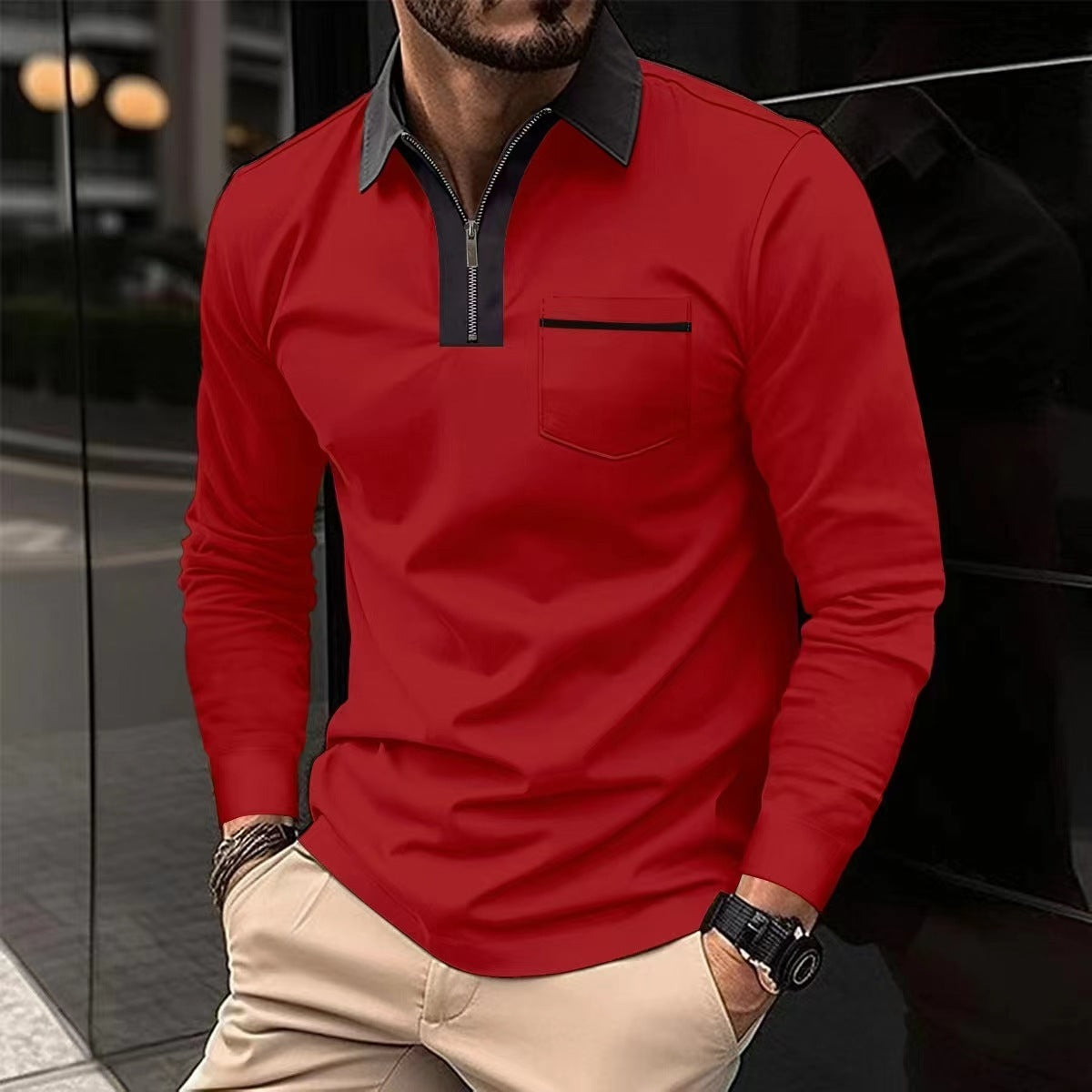 2024 Autumn Mens Long Sleeve Zipper Polo Shirts Casual Lapel Collar Zip Up Henley Shirts Cotton Sports Golf Tennis T-Shirts With Pockets