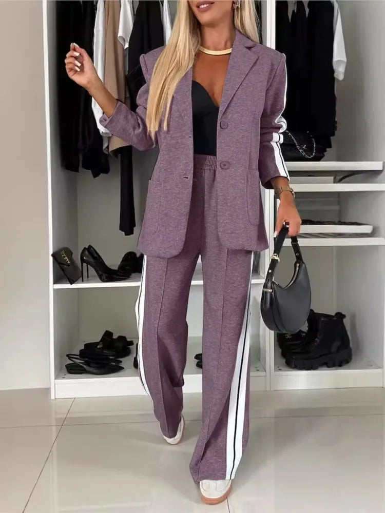 Autumn And Winter New Long Sleeves Suit Women's Suit Fashion Pimp Stitching Pants Pocket Female Office Blazer 2 Piece Set 2024