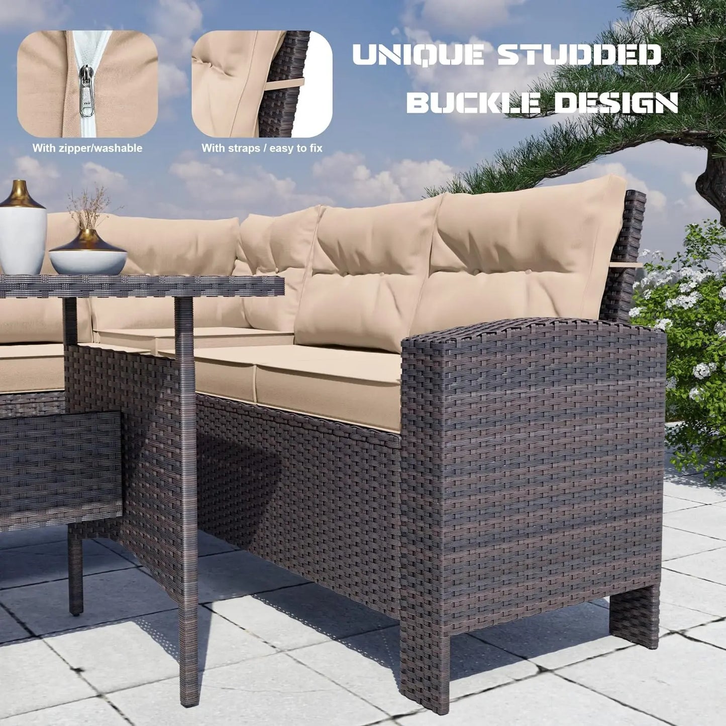 7 Piece Outdoor Patio Furniture Set All-Weather Wicker Rattan Sofa Set Outdoor Sectional Conversation Set Durable and stable