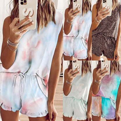 Sleeveless Round Neck Print Tie-Dye Suit