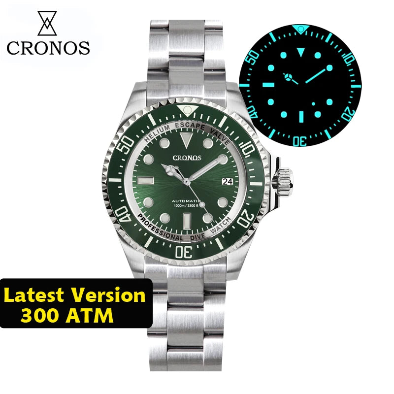 Cronos Automatic Diving Watch Stainless Steel 2000 Meters Water Resistance Professional Diver L6009M