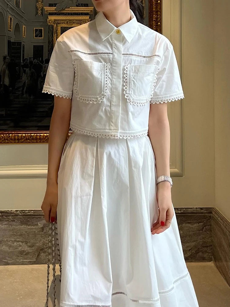 GALCAUR Elegant Two Piece Sets For Women Lapel Short Sleeve Tops High Waist A Line Pleated Skirts Solid Set Female Summer 2023