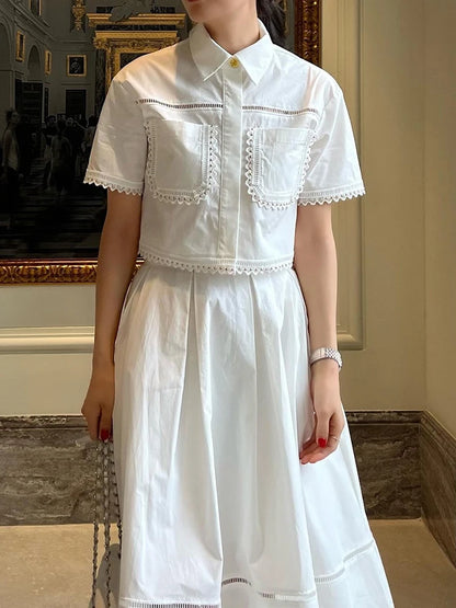 GALCAUR Elegant Two Piece Sets For Women Lapel Short Sleeve Tops High Waist A Line Pleated Skirts Solid Set Female Summer 2023