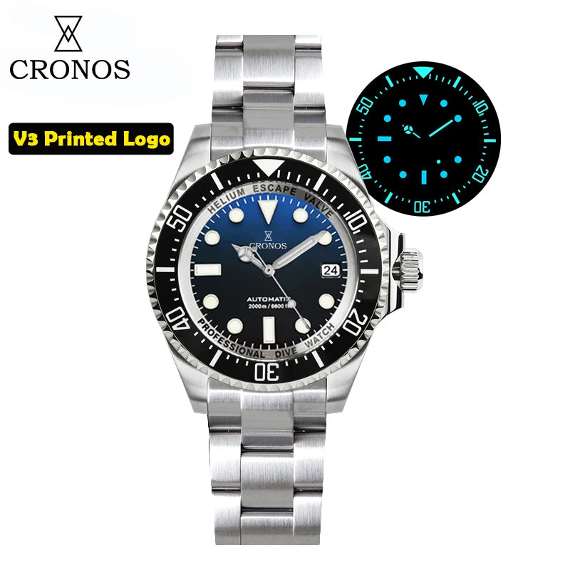 Cronos Automatic Diving Watch Stainless Steel 2000 Meters Water Resistance Professional Diver L6009M