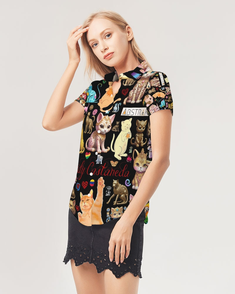 Leidy Abstrak Women's All-Over Print Short Sleeve Button Up