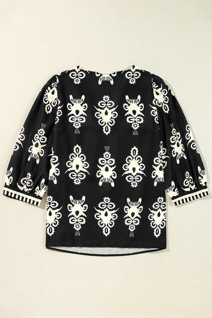 Black Vintage Geometric Printed 3/4 Sleeve V Neck Blouse