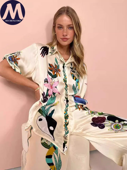 2 Piece Sets Women Outfit Summer New Bohemian Style Printing Half Sleeve Shirt Suits Fashionable Casual Loose Wide Leg Pant Set