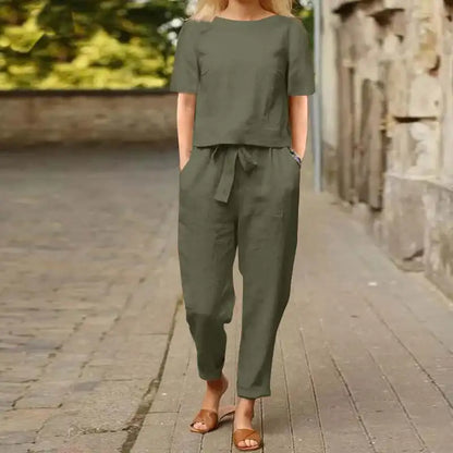 Fashion Women's Cotton Hemp Summer Khaki Round Neck Short Sleeve Loose Top High Waist Pocket Wide Leg Pants Retro 2 Piece Set