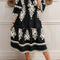 Black Ethnic Print 3/4 Sleeve Loose Midi Dress