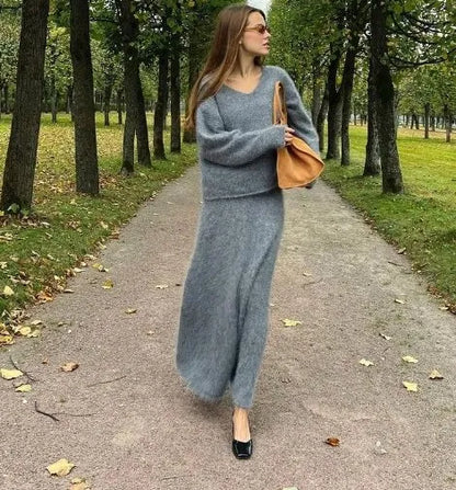 Elegant Solid Mohair Skirt Sets Women Autumn Knit V Neck Cardigan Sweater 2 Piece Female Loose Long Skirts Fashion Party Suits