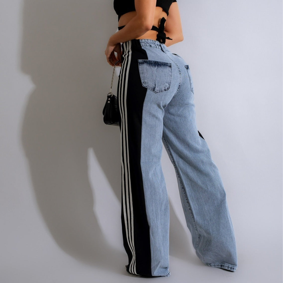 2024 Fashion Casual High Waist Elastic Straight Leg Trousers Three Stripe Patchwork Denim Wide Leg Pants Streetwear