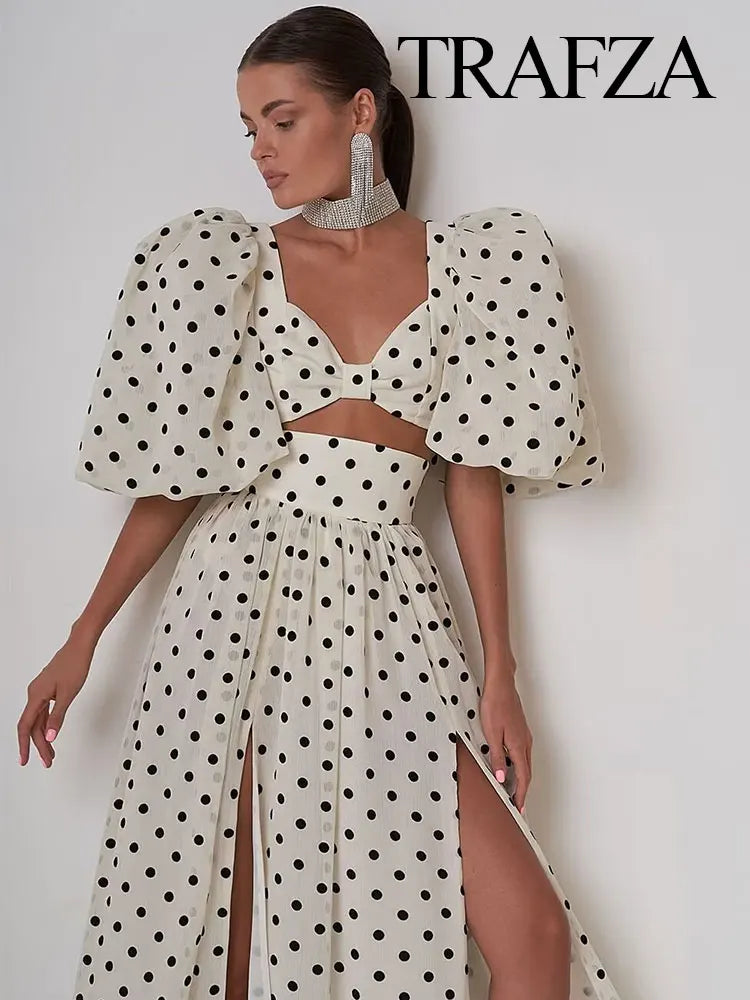 TRAFZA 2024 Female Spring Polka Dots Printed Suit Cropped Short Sleeves Square Neck Top Slit High Waist Chic Skirt Vintage Suit