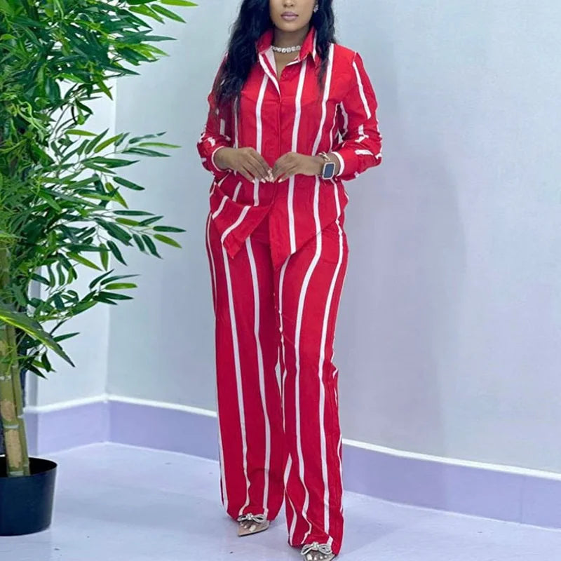 African Fashion Stripe Two Piece Set Women Spring Autumn Casual Button Long Sleeved Shirt Wide Leg Pants Two Piece Set Women