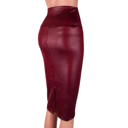 Fashion Women Shirt High Waist Split Faux Leather Knee Length Bodycon Pencil Skirt Short Dress Female Clothing