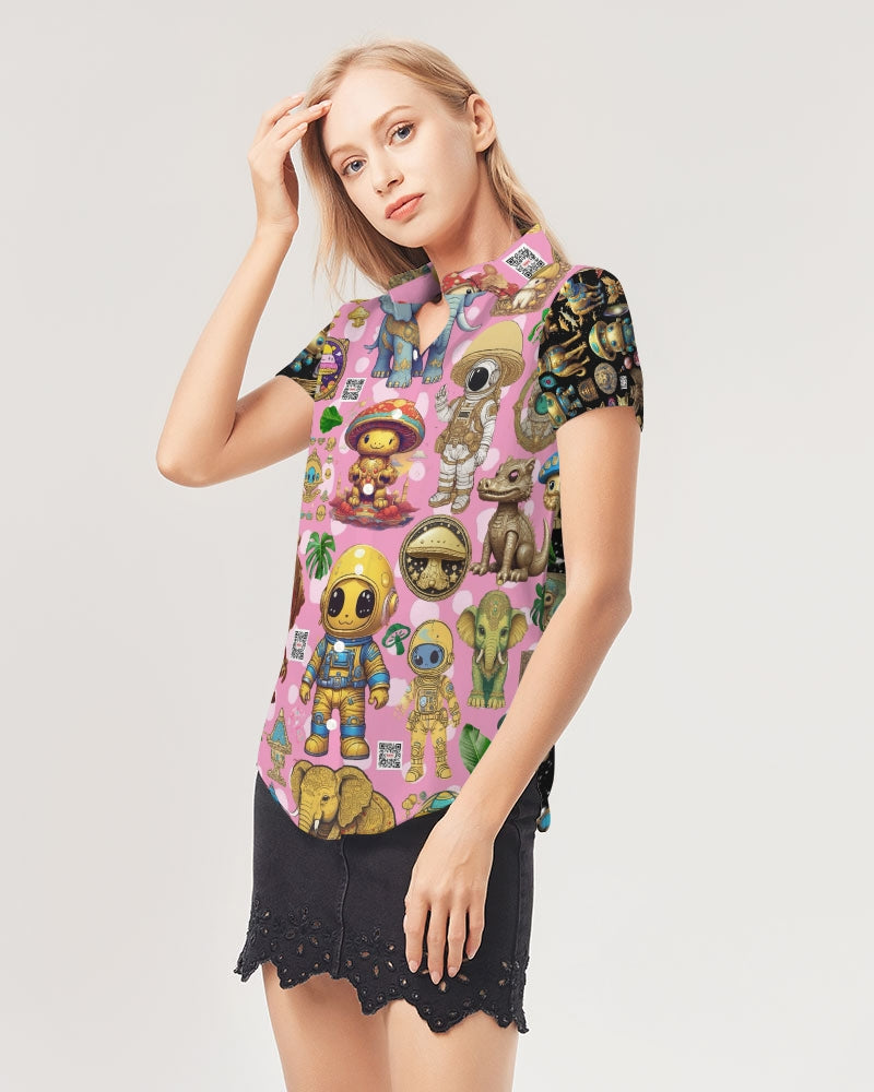 Alien Trendy Abstrak Collection Women's All-Over Print Short Sleeve Button Up