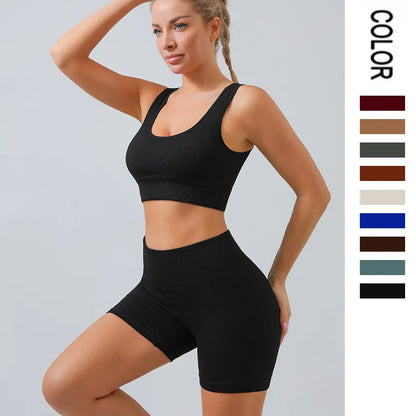 Fitness Running Seamless Ribbed Yoga Sets Workout Sets for Women 2 Pieces Gym Suits Ribbed Crop Tank High Waist Shorts Outfits