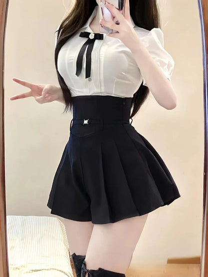 Aesthetics Elegant Suit Woman Short Sleeve White Blouse + High Waist Slim Shorts Kawaii Korean Fashion Set Clothing 2024 Summer