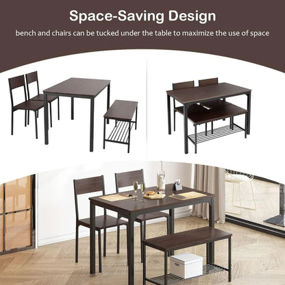 4 Person Dining Table Set,43.3 inch Kitchen Table Set for 4,2 Chairs with Backrest,2-Person Bench with Storage Rack