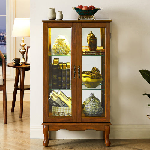 Curio Cabinet Lighted Curio Diapaly Cabinet With Adjustable Shelves And Mirrored Back Panel, Tempered Glass Doors