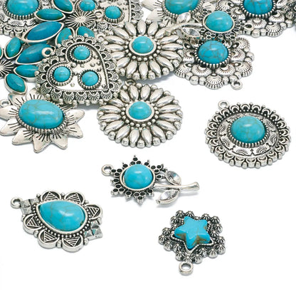 18Pcs Tibetan Style Alloy Pendants with Synthetic Turquoise and Resin Beads Mixed Shapes Antique Silver for Making DIY Necklace