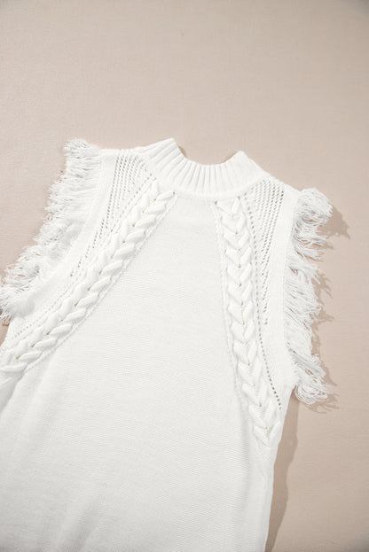 White Woven Tasseled Sleeveless Mock Neck Sweater Vest