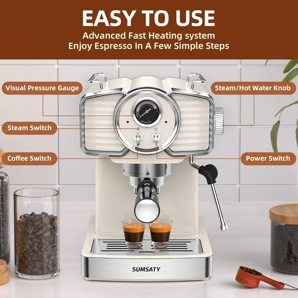 Espresso Coffee Machine 20 Bar, Retro Espresso Maker with Milk Frother Steamer Wand for Cappuccino, Latte, Macchiato