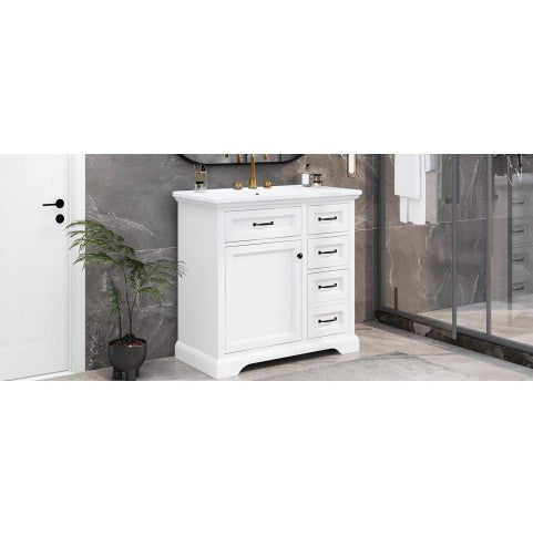 36Bathroom Vanity With Sink, Ceramic Sink, 2 Tip-out Drawers, Soft Close Door Hinges, White