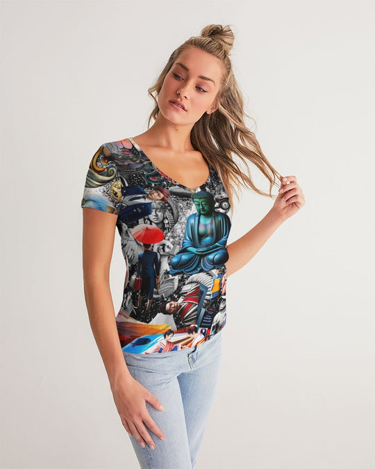 Trendy Abstrak Pattern Women's All-Over Print V-Neck Tee