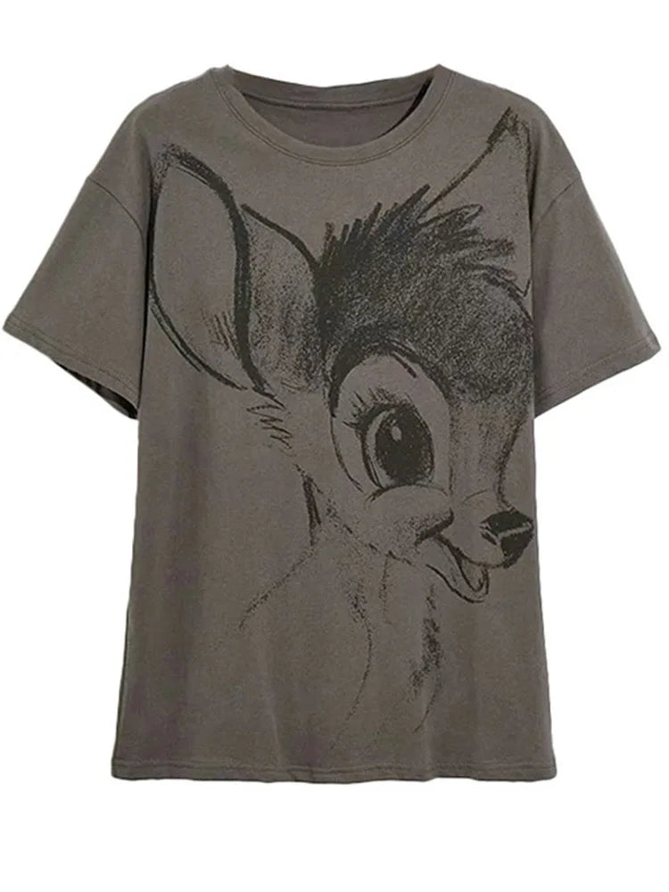 Disney T-Shirt Bambi Deer Fashion Women T-Shirt Summer Cartoon O-Neck Short Sleeve T-Shirt Women Casual Tee Tops Female Femmes