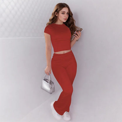 Absobe Leisure Fold Over Pants Suit Women Crew Long Sleeve Slim Crop Top Flare Pants Sports Causal Set Hottie Autumn Streetwear