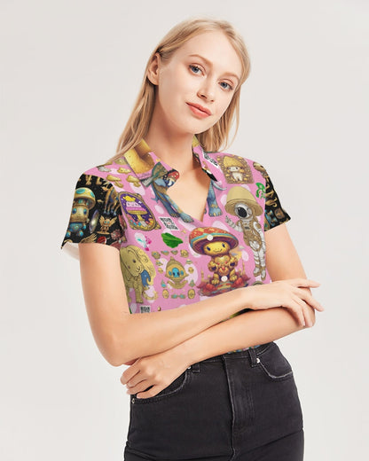 Alien Trendy Abstrak Collection Women's All-Over Print Short Sleeve Button Up