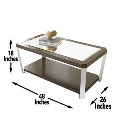 Sophisticated Cocktail Table Collection - Espresso Finish, Mirrored Tops, Stainless Steel Legs - Function And Style