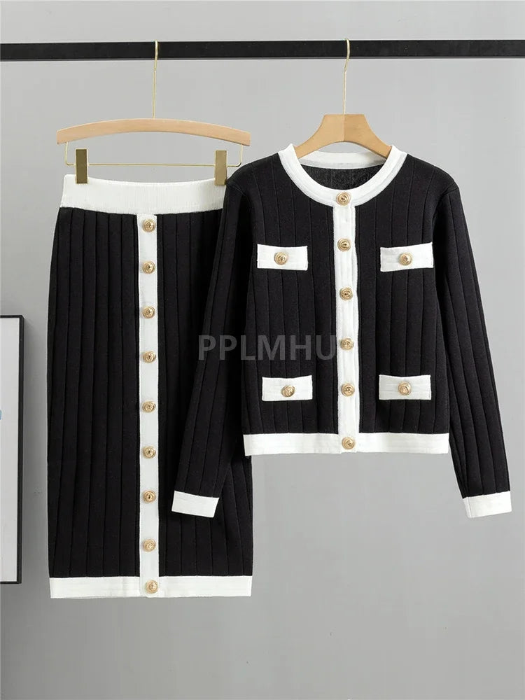 Women New Slim O-neck Short Sweater Cardigan 2 Piece Suits Korean Vintage Knit Skirts Sets Chic Button Malhas Faldas Conjunto