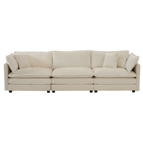 Mid-Century Modern Couch 3-Seater Sofa With 2 Armrest Pillows And 3 Toss Pillows, Couch For Living Room Beige Chenille