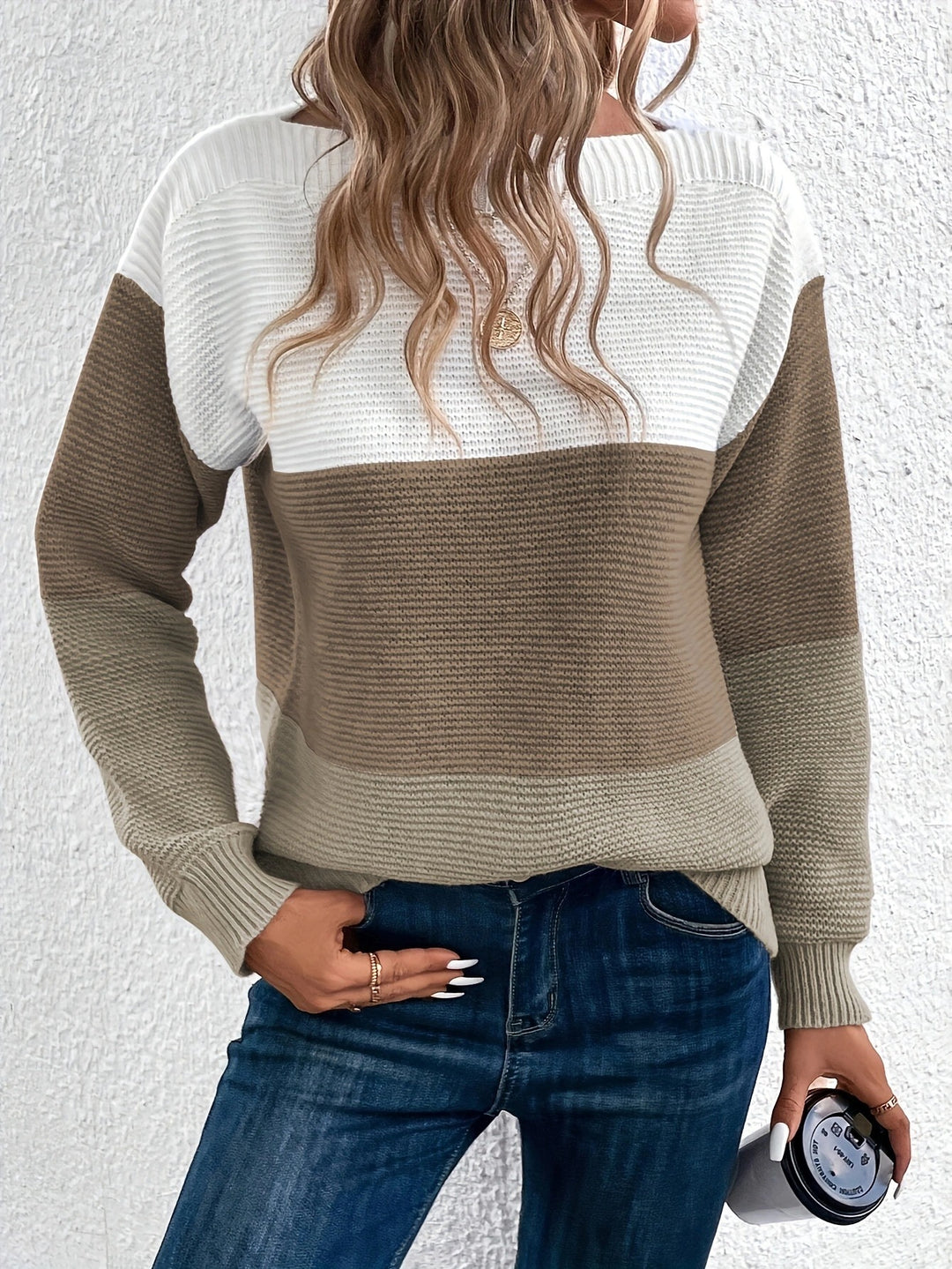 Pullover Knitted Sweater Fashion Round Neck Splicing Knitwear Loose Top Women's Clothing