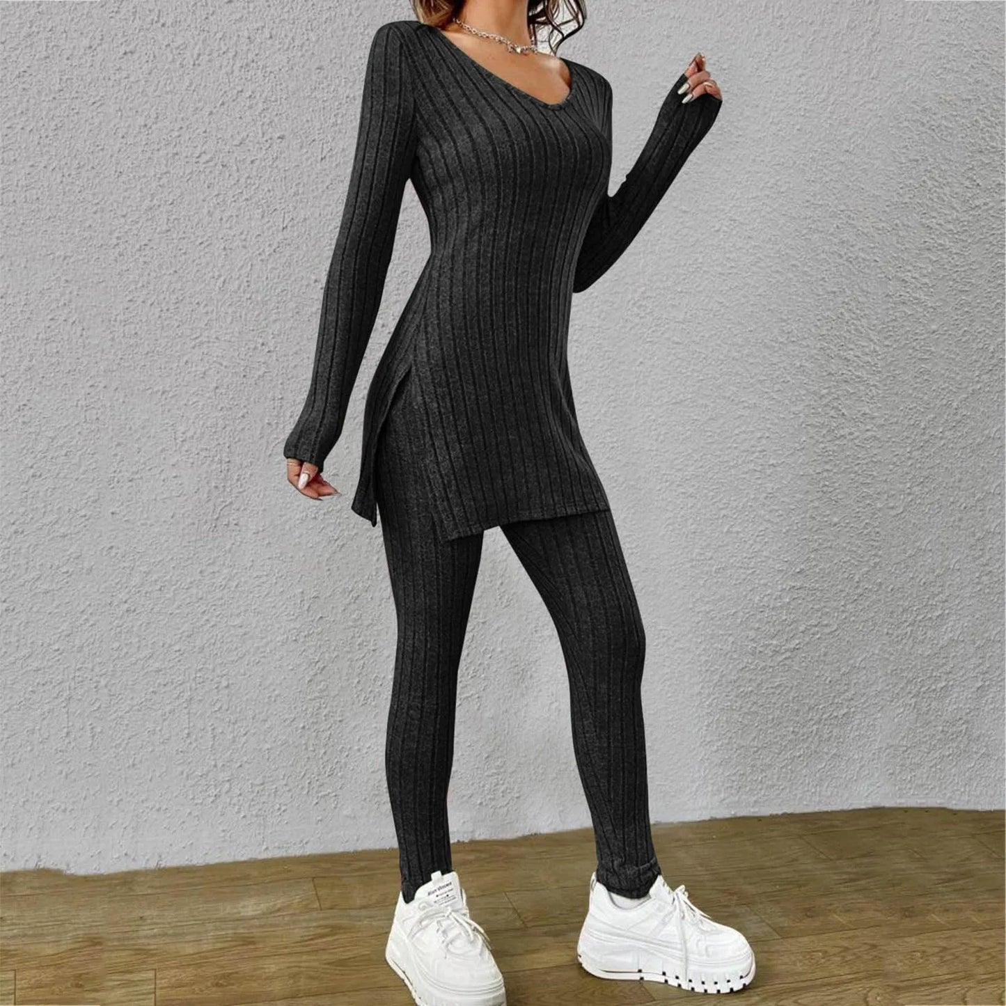 Spring Fashion Knit Suits 2024 Casual Loose Pullover+Elastic Long Pants Print Knitted Solid Color Two Pieces Sets Clothing