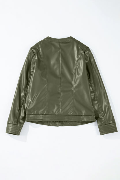 Sage Green Solid Faux Leather Zipper Slim Fit Bomber Jacket