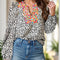 Ruffled Leopard Notched Long Sleeve Blouse