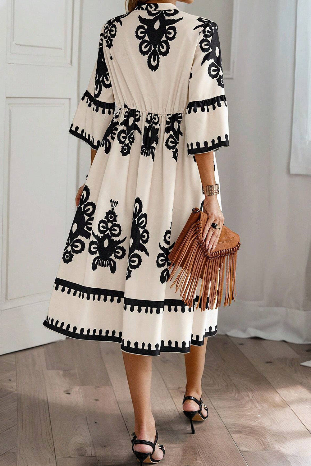 Black Ethnic Print 3/4 Sleeve Loose Midi Dress