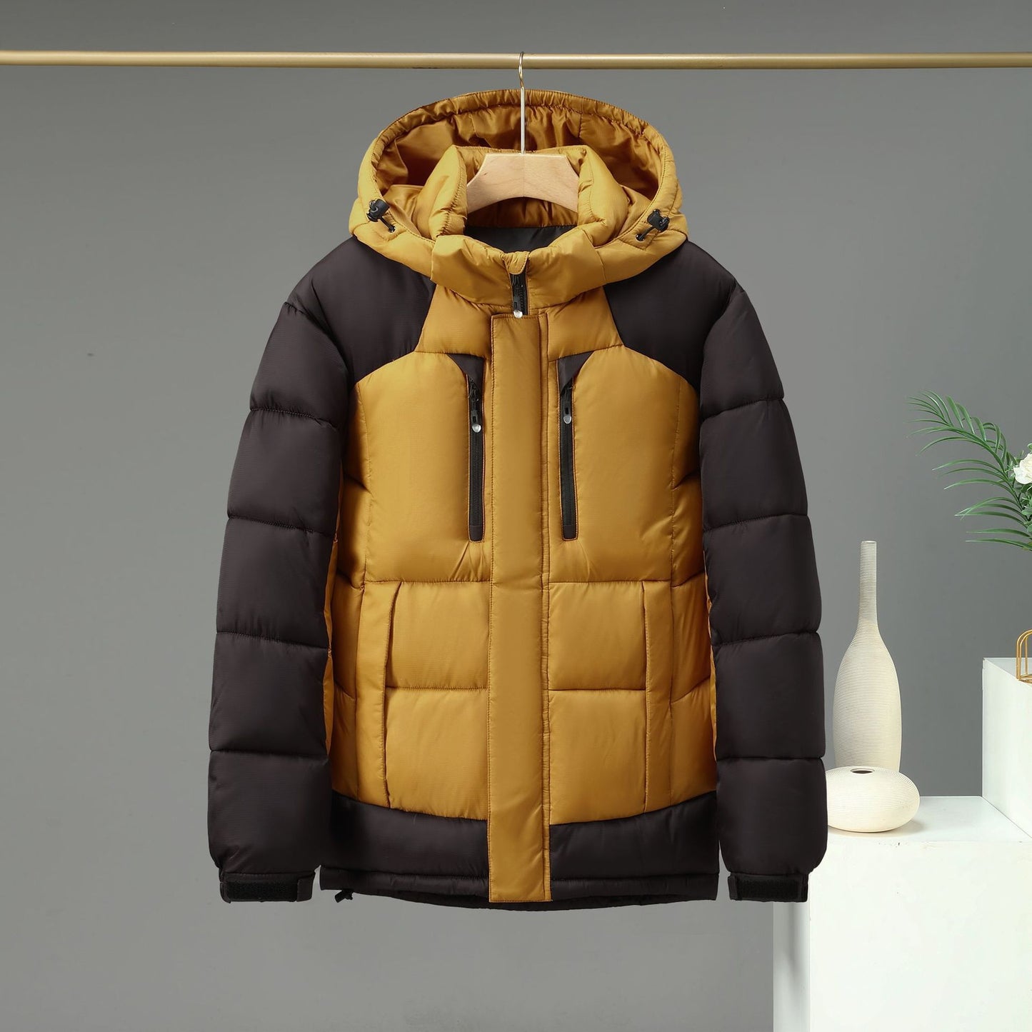 Winter Warm Color Blocked Hoodie Detachable Down Cotton Jacket Coat