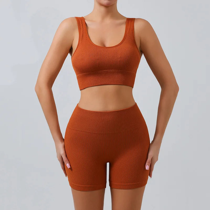 Fitness Running Seamless Ribbed Yoga Sets Workout Sets for Women 2 Pieces Gym Suits Ribbed Crop Tank High Waist Shorts Outfits