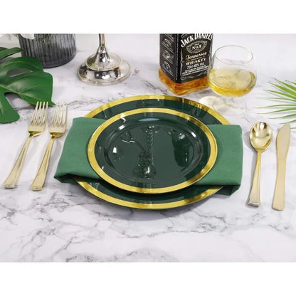 102PCS Emerald Green and Gold Plastic Plates - Premium Quality Dinnerware Set for Wedding & Party