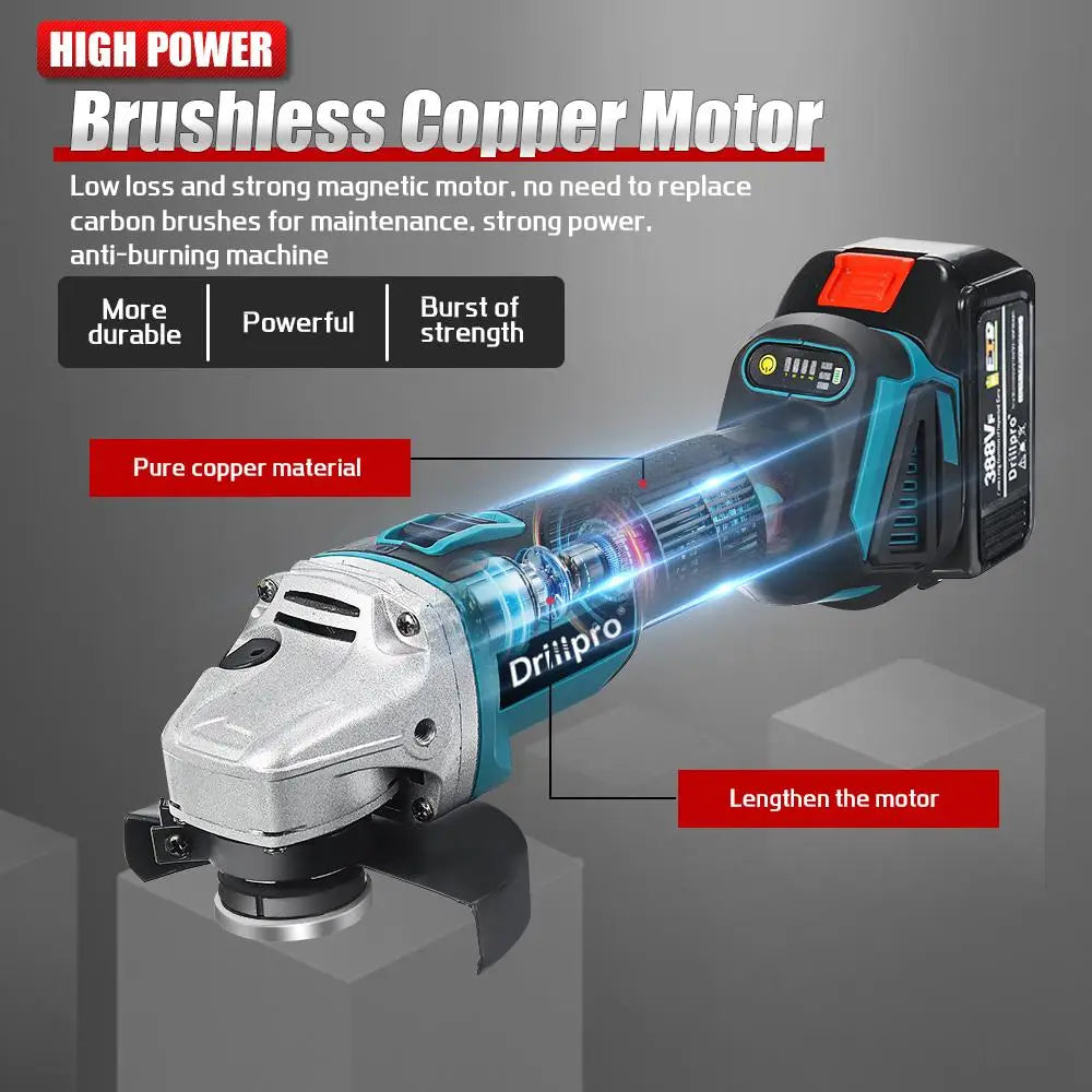 Drillpro Brushless Electric Angle Grinder Cordless 125MM Cutting Machine Wood Cutting Disc Power Tool For Makita 18V Battery