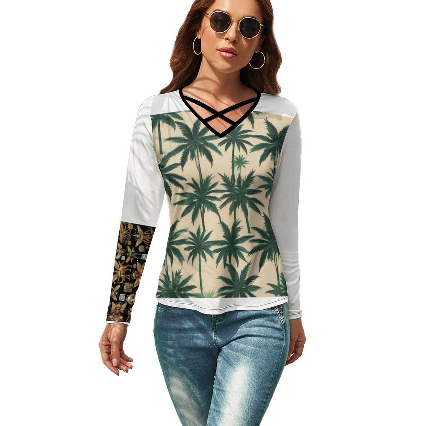 Criss Cross V-Neck Long Sleeve T-shirt NZ118 (All-Over Printing)