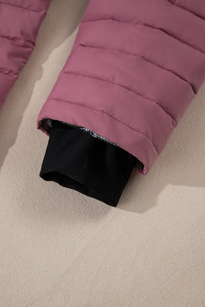 Burgundy Solid Color Quilted Zip-up Puffer Jacket