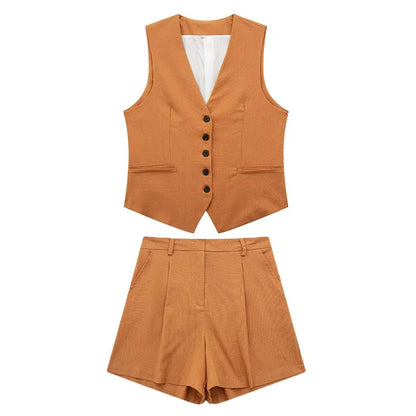 TRAFZA Women Pant Sets Vintage Solid Single Breasted V Neck Waistcoat Tops + Slim Zipper Fly Shorts Summer Office Lady Suits