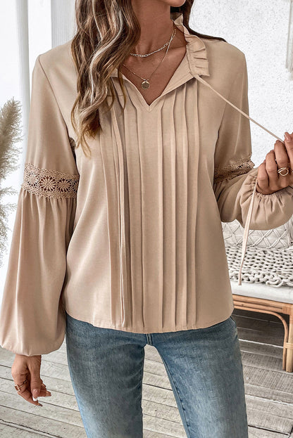 Pale Khaki Solid Color Casual Lace-Up V-Neck Pleated Shirt