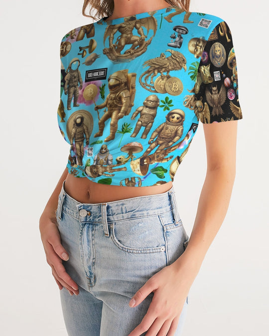 Alien Trendy Abstrak Collection Women's All-Over Print Twist-Front Cropped Tee