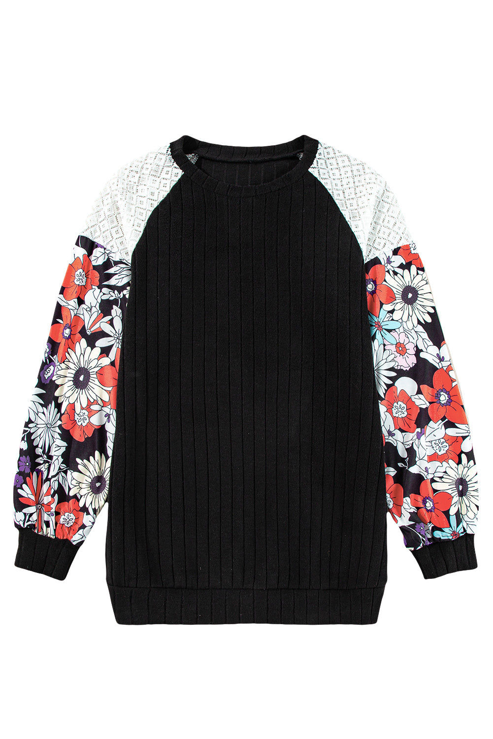 Black Floral Patchwork Raglan Sleeve Ribbed Top