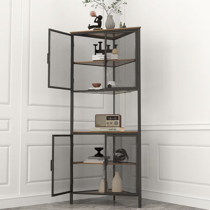 6-Tier Corner Shelf With Storage Cabinet,Bookshelf With Metal Mesh Door,for Living Room